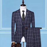 Seersucker Suit Men's Suit Set Slim Fit Business Checkered Suit Three-Piece Suit