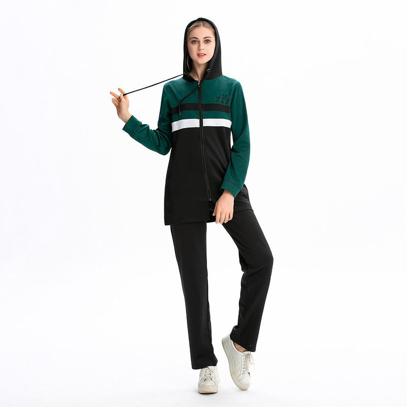 Burkini Muslim Swimwear Color Matching Zipper Drawstring Pocket Hooded Loose Leisure Sports Sweatshirt