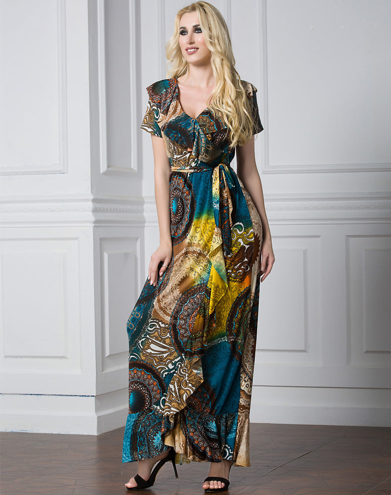 Women Plus Size Maxi Dresses Summer Muslim Short Sleeve Ruffled Long Dress