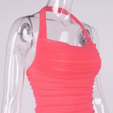 Bella Hadid Dress Sexy Mesh Backless Pleated Halter Sheath Dress