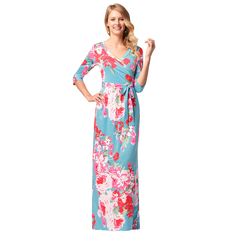 Women Plus Size Maxi Dresses Printed Beach Vacation Half Sleeve V-neck Dress