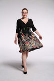 Women Plus Size Midi Dresses Summer Mid-Sleeve V-neck Printed Dress