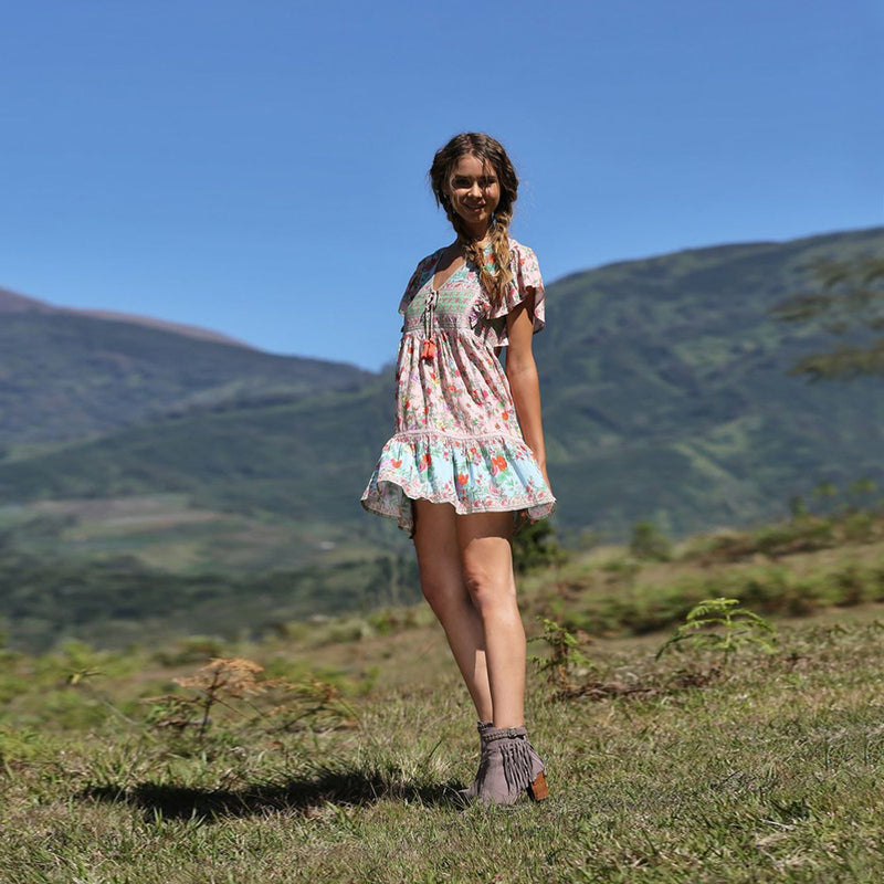 Beth Dutton Bohemian Dress Summer Spring Mini Dresses Beach Vacation Style Large Swing Pleated Printed Dress