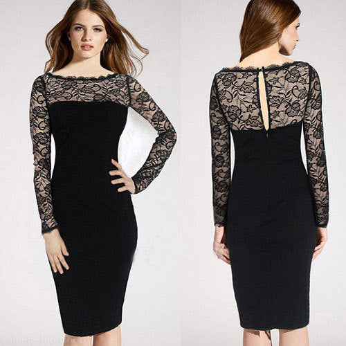 Women Plus Size Midi Dresses Sexy Lace Slim Long Sleeve Lace Patchwork Underdress