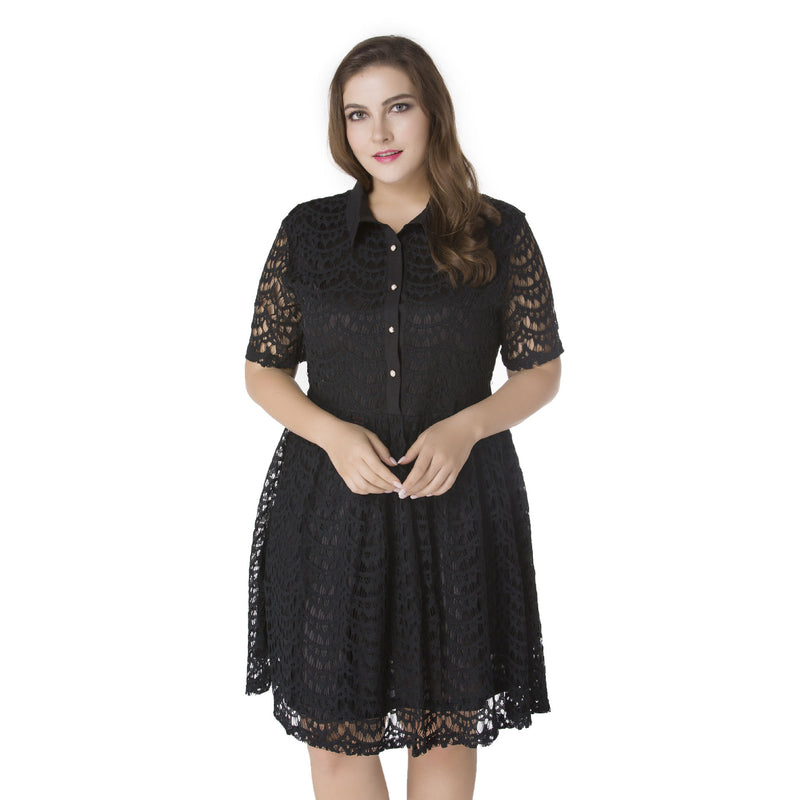 Women Plus Size Midi Dresses Summer Lapels Short Sleeve Lace Single-Breasted Large Swing Dress