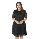 Women Plus Size Midi Dresses Summer Lapels Short Sleeve Lace Single-Breasted Large Swing Dress