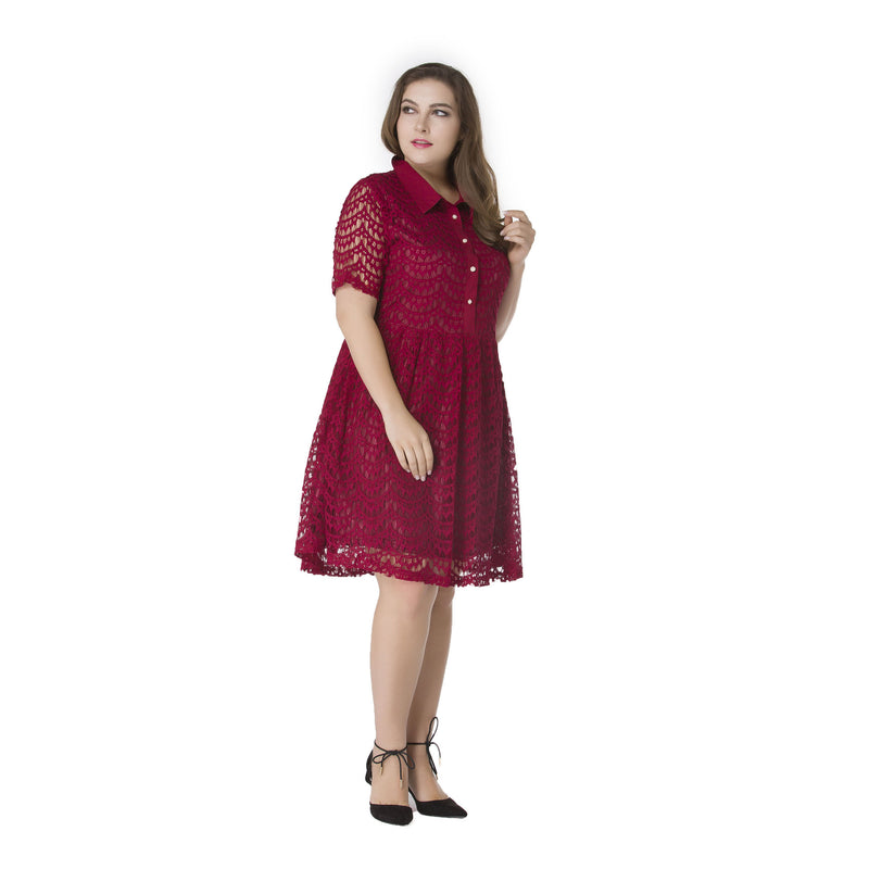 Women Plus Size Midi Dresses Summer Lapels Short Sleeve Lace Single-Breasted Large Swing Dress