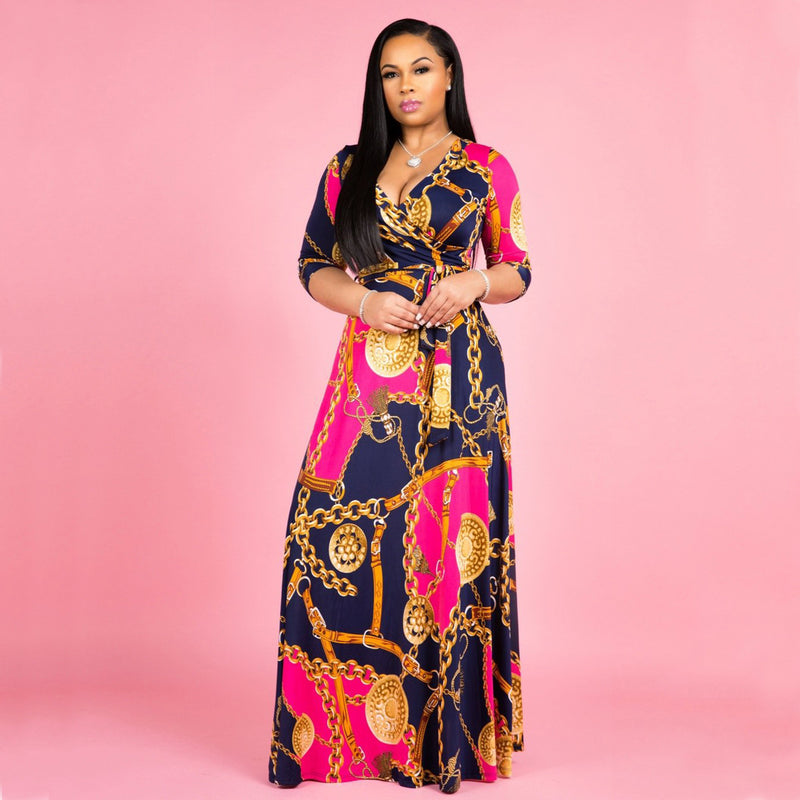 Women Plus Size Maxi Dressesvv Collar 3/4 Sleeve Sexy Waist Trimming Printed Dress