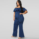 Women Plus Size Jumpsuits Washed Flounced Off-Shoulder Tight Sexy Jumpsuit