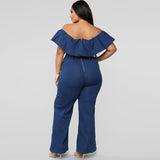 Women Plus Size Jumpsuits Washed Flounced Off-Shoulder Tight Sexy Jumpsuit