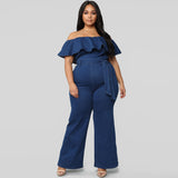 Women Plus Size Jumpsuits Washed Flounced Off-Shoulder Tight Sexy Jumpsuit