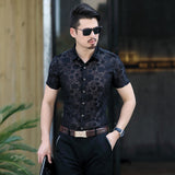 Transparent Shirt for Men Men's Hollow out Printed Shirt Middle-Aged Leisure Short Sleeve Shirt Men