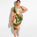 Women Plus Size Co-Ords Summer Tie-Dye Printing Skinny Sheath Fashion Casual Two-Piece Suit