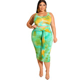 Women Plus Size Co-Ords Summer Tie-Dye Printing Skinny Sheath Fashion Casual Two-Piece Suit