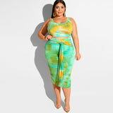 Women Plus Size Co-Ords Summer Tie-Dye Printing Skinny Sheath Fashion Casual Two-Piece Suit