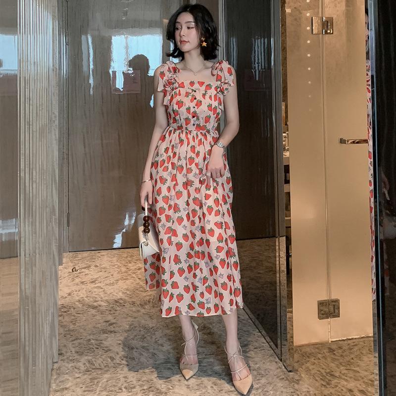 Strawberry Print Strap Chiffon Dress Cottagecore Dress