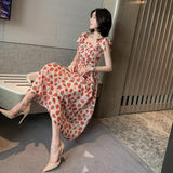Strawberry Print Strap Chiffon Dress Cottagecore Dress