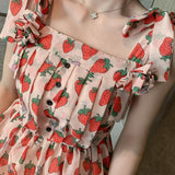 Strawberry Print Strap Chiffon Dress Cottagecore Dress