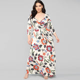 Women Plus Size Maxi Dresses Flower Printed V-neck Tight Maxi Dress Summer