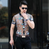 Transparent Shirt for Men Men's Short-Sleeved Shirt Slim Hollow out Embroider Jacket