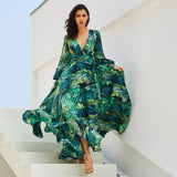 Beth Dutton Bohemian Dress Winter Autumn Midi Dresses Lantern Sleeve V-neck Green Leaves Printed Dress Large Swing Skirt