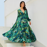 Beth Dutton Bohemian Dress Winter Autumn Midi Dresses Lantern Sleeve V-neck Green Leaves Printed Dress Large Swing Skirt