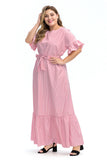 Women plus Size Dresses Striped Ruffled Stitching Tied Muslim Midi Dress