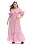Women plus Size Dresses Striped Ruffled Stitching Tied Muslim Midi Dress