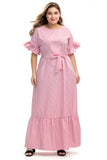 Women plus Size Dresses Striped Ruffled Stitching Tied Muslim Midi Dress