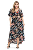 Women Plus Size Dresses Printed V-neck Lace-up Midi Dress