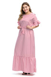 Women plus Size Dresses Striped Ruffled Stitching Tied Muslim Midi Dress