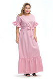Women plus Size Dresses Striped Ruffled Stitching Tied Muslim Midi Dress