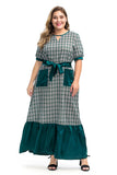 Women Plus Size Dresses Ruffles Stitching Tied Plaid Long Dress