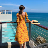 Flower Print Holiday Dress Slit Hemline Print Off-Neck Strawberry Beach Dress  At Hem