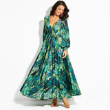 Beth Dutton Bohemian Dress Winter Autumn Midi Dresses Lantern Sleeve V-neck Green Leaves Printed Dress Large Swing Skirt