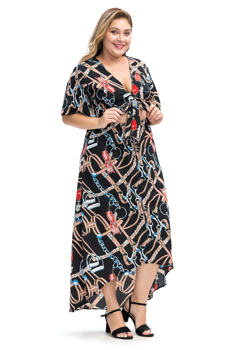 Women Plus Size Dresses Printed V-neck Lace-up Midi Dress