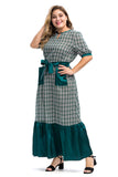 Women Plus Size Dresses Ruffles Stitching Tied Plaid Long Dress