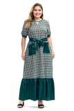 Women Plus Size Dresses Ruffles Stitching Tied Plaid Long Dress
