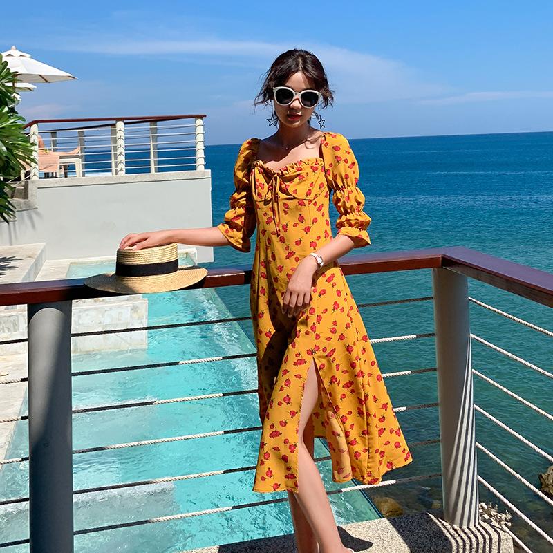 Flower Print Holiday Dress Slit Hemline Print Off-Neck Strawberry Beach Dress  At Hem