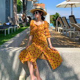 Flower Print Holiday Dress Slit Hemline Print Off-Neck Strawberry Beach Dress  At Hem