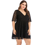 Women plus Size Dresses Fashion V-neck Lace Hook Flower Hollow Dress