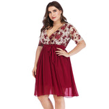 Women plus Size Dresses Fashionable V-neck Printed Lace Stitching Tied Dress