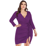 Women Plus Size Dresses Fashion V-neck Pleated Tie Sexy Dress