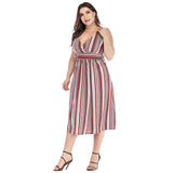 Women Plus Size Dresses Fashion V-neck Striped Lace-up Dress for Women