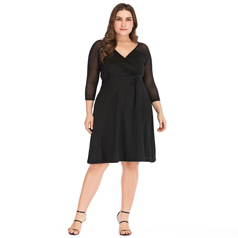 Women Plus Size Dresses Fashion V-neck Stitching Dress
