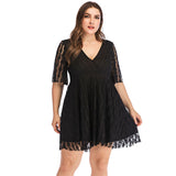 Women plus Size Dresses Fashion V-neck Lace Hook Flower Hollow Dress