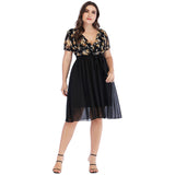 Women plus Size Dresses Fashionable V-neck Printed Lace Stitching Tied Dress