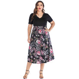 Women Plus Size Dresses Fashion V-neck Printed Stitching Short Sleeves Casual Dress