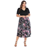 Women Plus Size Dresses Fashion V-neck Printed Stitching Short Sleeves Casual Dress