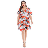 Women plus Size Dressesv Collar Printed Ruffle Sleeve Stitching Dress for Women